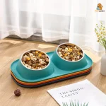 Teal Double Stainless Steel Pet Feeding Bowls - Image 5