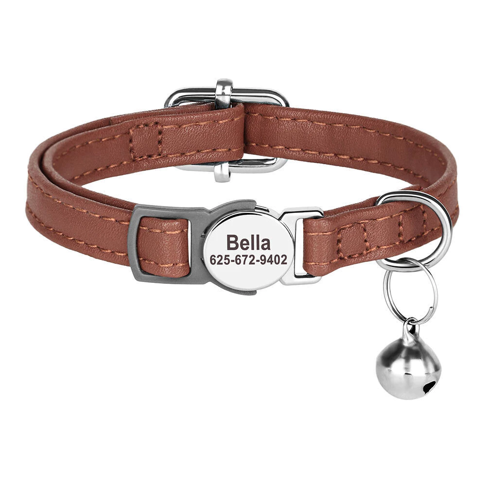 PAW1-05 Brown Engraved Bell Pet Collar With Tag - Image 1